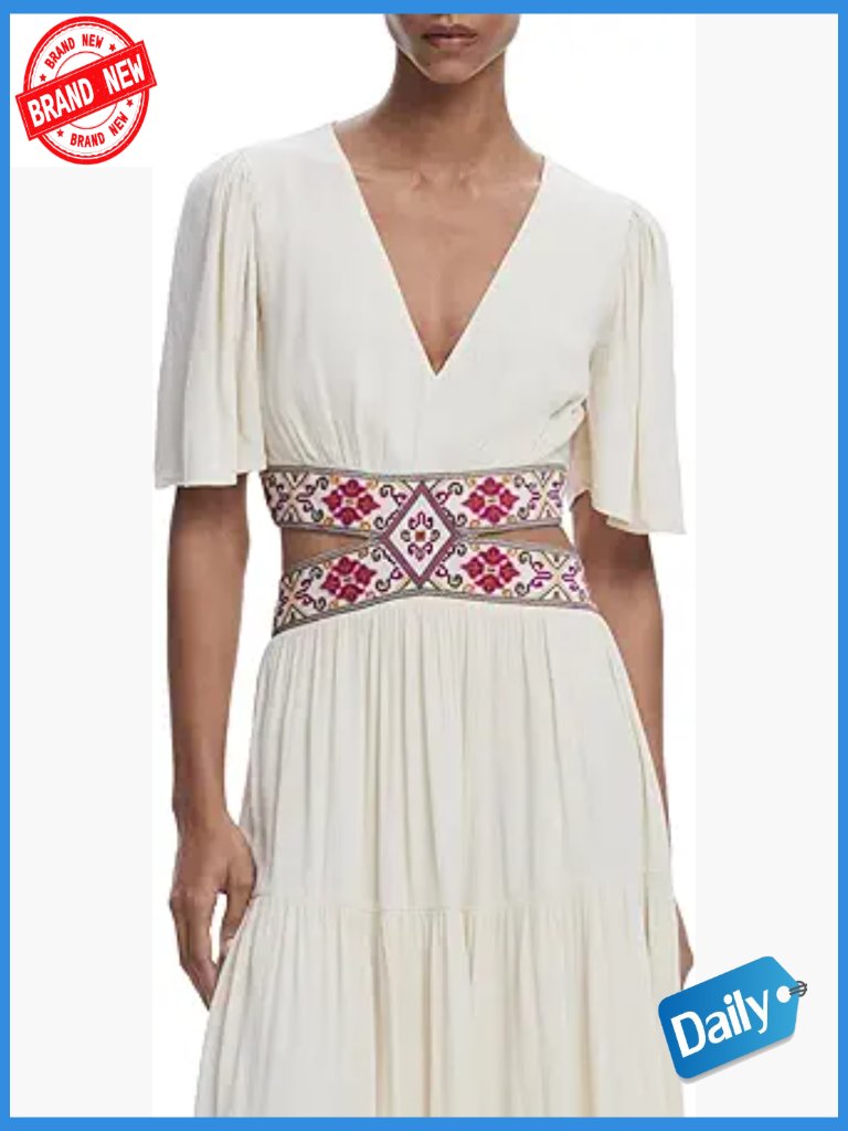 Embroidered Cut-Out Maxi Dress With V-Neck And Short Sleeves